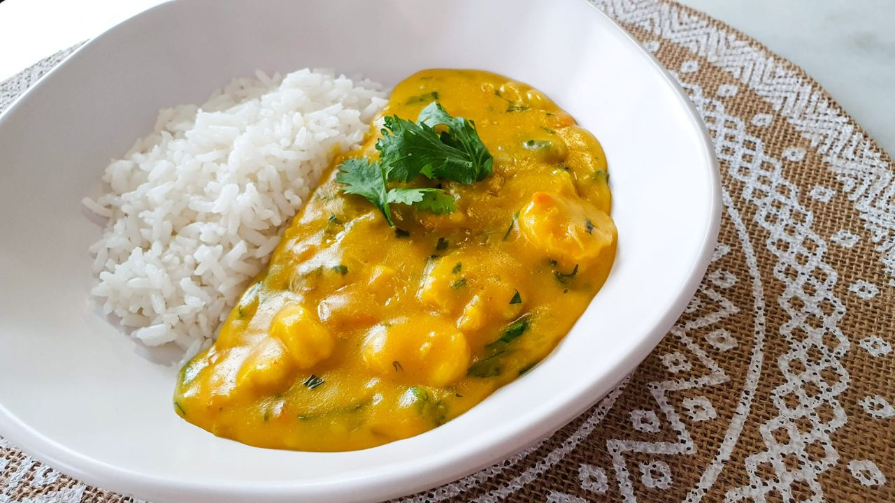 Prato com arroz e ensopado cremoso de frango